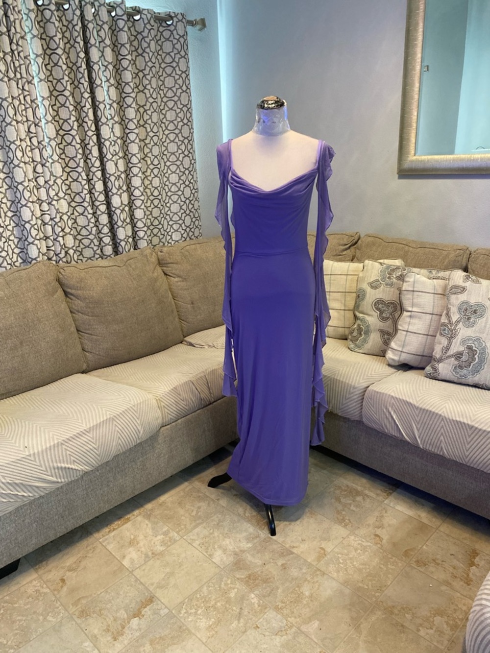 Elegant cowl neckline Maxi Dress Women Medium with cascading rufffles